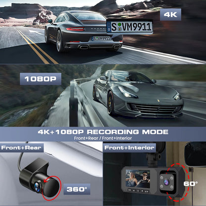 3 Channel Dash Cam Front and Rear, 4K/2.5K + 1080P Premium Car Camera for Cars with Wi-Fi GPS, Night Vision, 3.16" IPS Touchscreen, 24H Parking Mode, WDR, Type-C, 64GB SD Card Included